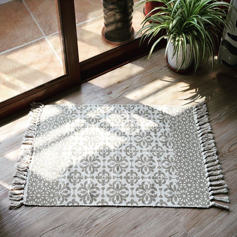 Lisslune | Moroccan tribal flower pattern rug blue and gray cotton rug non-slip pet-friendly washable rug for the living room