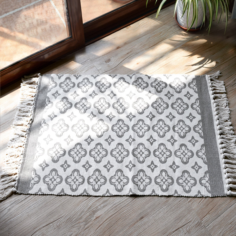 Lisslune | Moroccan tribal flower pattern rug blue and gray cotton rug non-slip pet-friendly washable rug for the living room