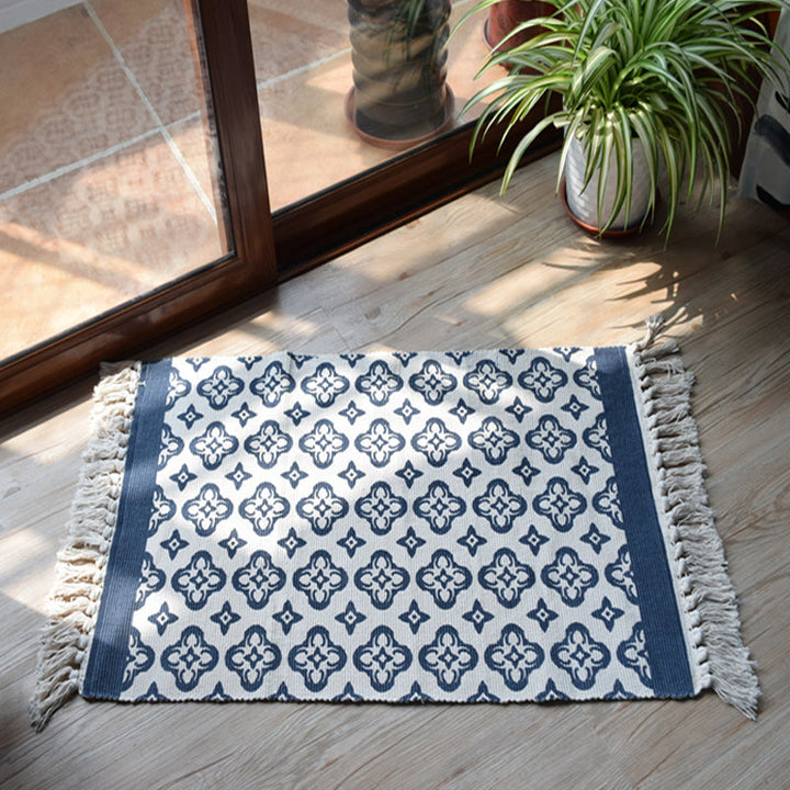 Lisslune | Moroccan tribal flower pattern rug blue and gray cotton rug non-slip pet-friendly washable rug for the living room