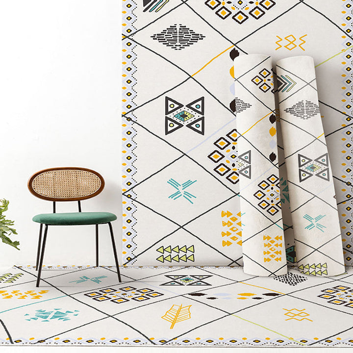Lisslune | Southwest living rug white tribal geometric patterns rug polyester washable non-slip pet-friendly rug