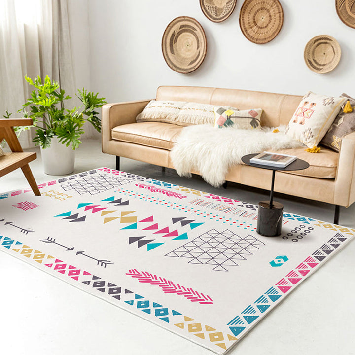 Lisslune | Southwest living rug white tribal geometric patterns rug polyester washable non-slip pet-friendly rug
