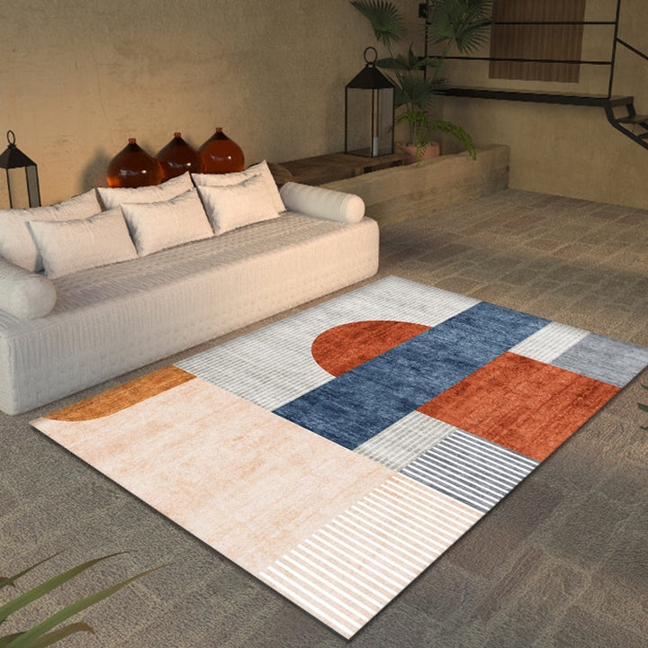 Lisslune | Orange-Red Modern Carpet Polyester Color Block Striped Pattern Carpet Pet-Friendly Washable Non-Slip Floor Mat for Home