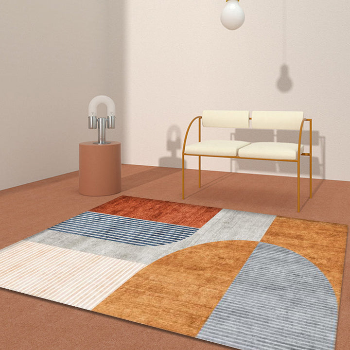 Lisslune | Orange-Red Modern Carpet Polyester Color Block Striped Pattern Carpet Pet-Friendly Washable Non-Slip Floor Mat for Home