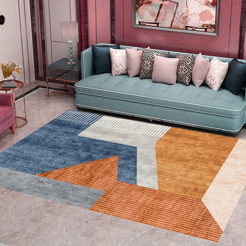 Lisslune | Orange-Red Modern Carpet Polyester Color Block Striped Pattern Carpet Pet-Friendly Washable Non-Slip Floor Mat for Home