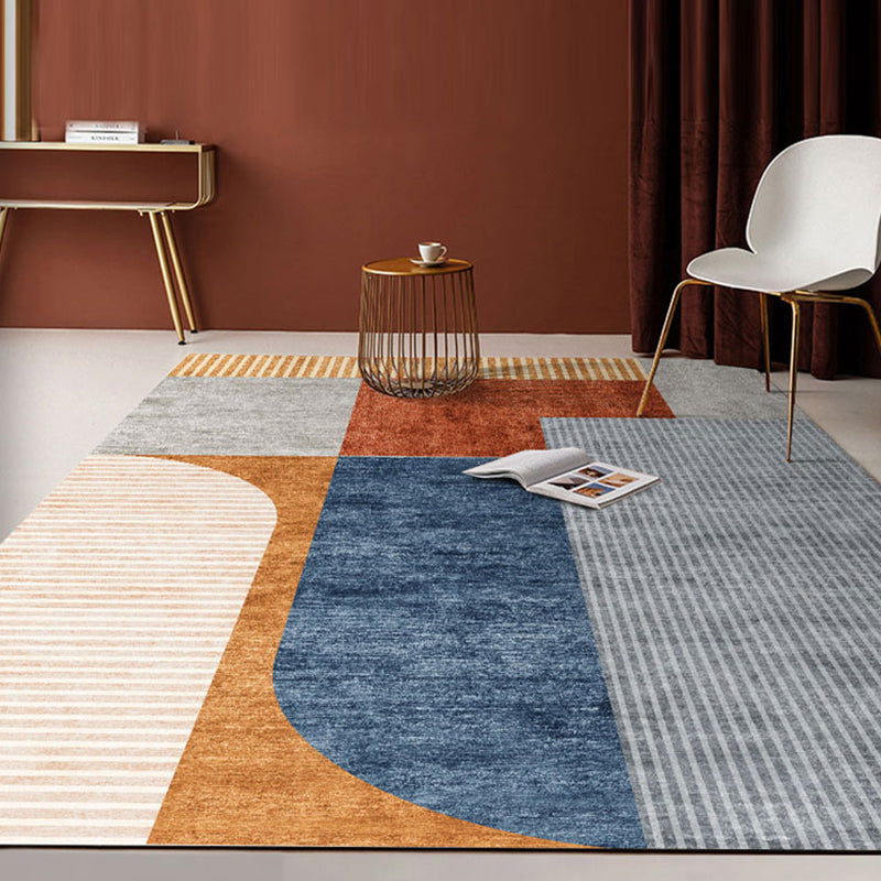 Lisslune | Orange-Red Modern Carpet Polyester Color Block Striped Pattern Carpet Pet-Friendly Washable Non-Slip Floor Mat for Home