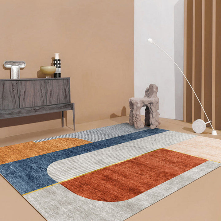 Lisslune | Orange-Red Modern Carpet Polyester Color Block Striped Pattern Carpet Pet-Friendly Washable Non-Slip Floor Mat for Home