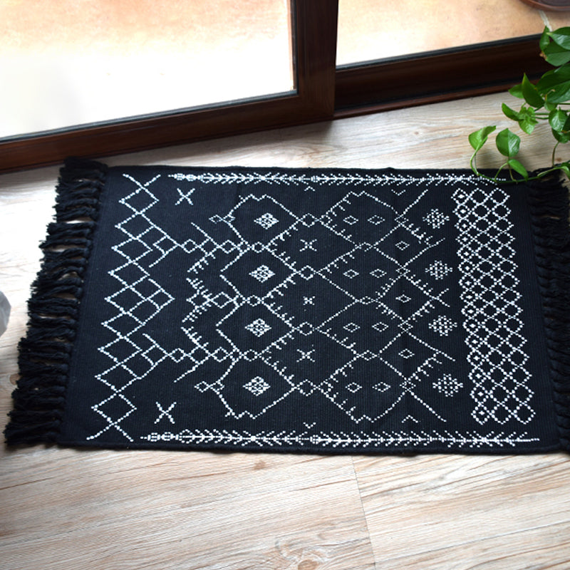 Lisslune | Southwest Tribal Pattern Rug Blue and Black Cotton Rug Non-Slip Pet-Friendly Washable Rug for Living Room