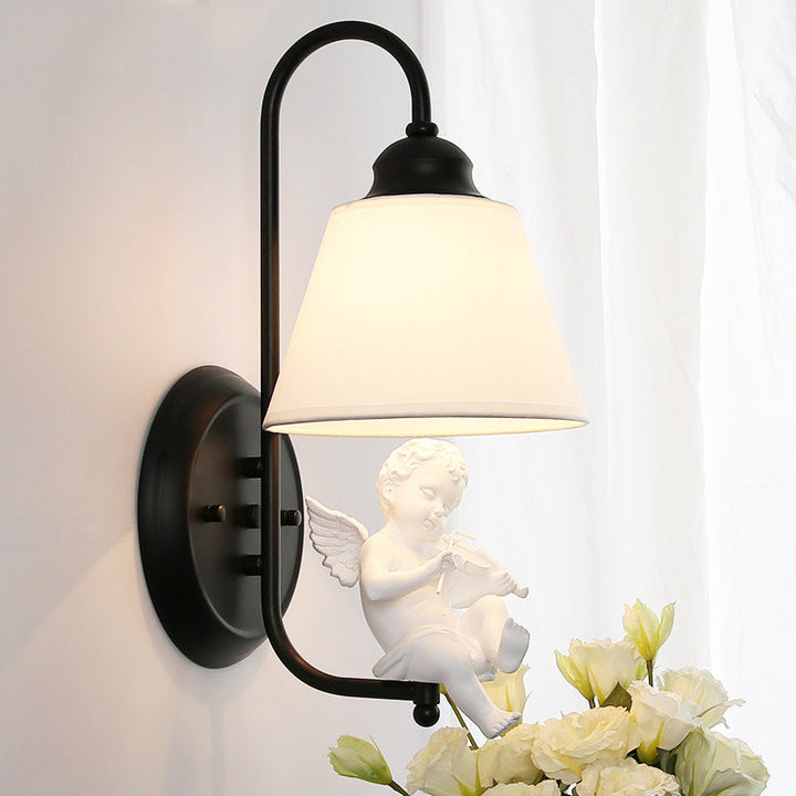 Skørter | Monochrome Tapered Shade Wall Lamp with Angel Deco Modern Metal Wall Lamp for Adult Bedroom