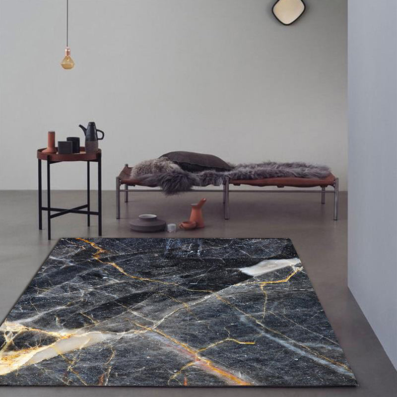 Lisslune | Black Living Room Rug Modernism Marble Surface Pattern Rug Polyester Machine Washable Non-Slip Backing Rug