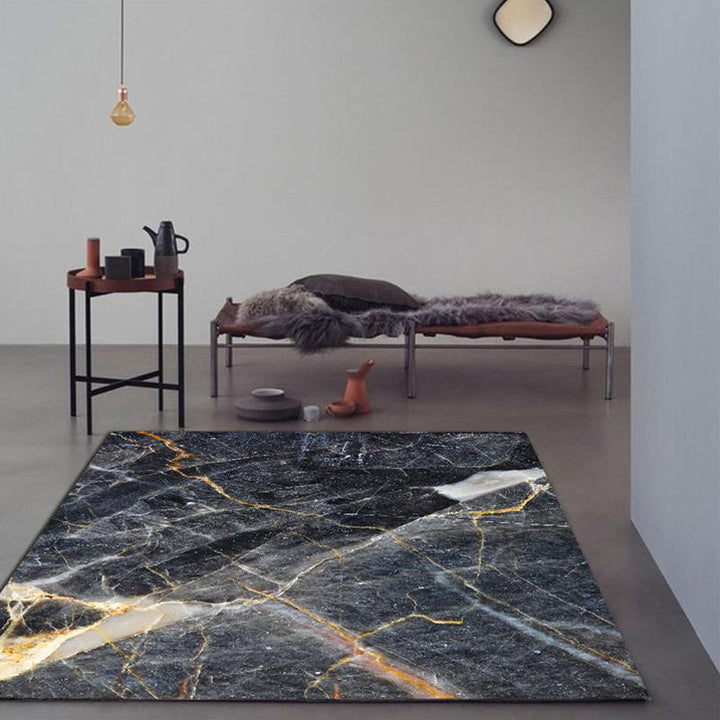 Lisslune | Black Living Room Rug Modernism Marble Surface Pattern Rug Polyester Machine Washable Non-Slip Backing Rug