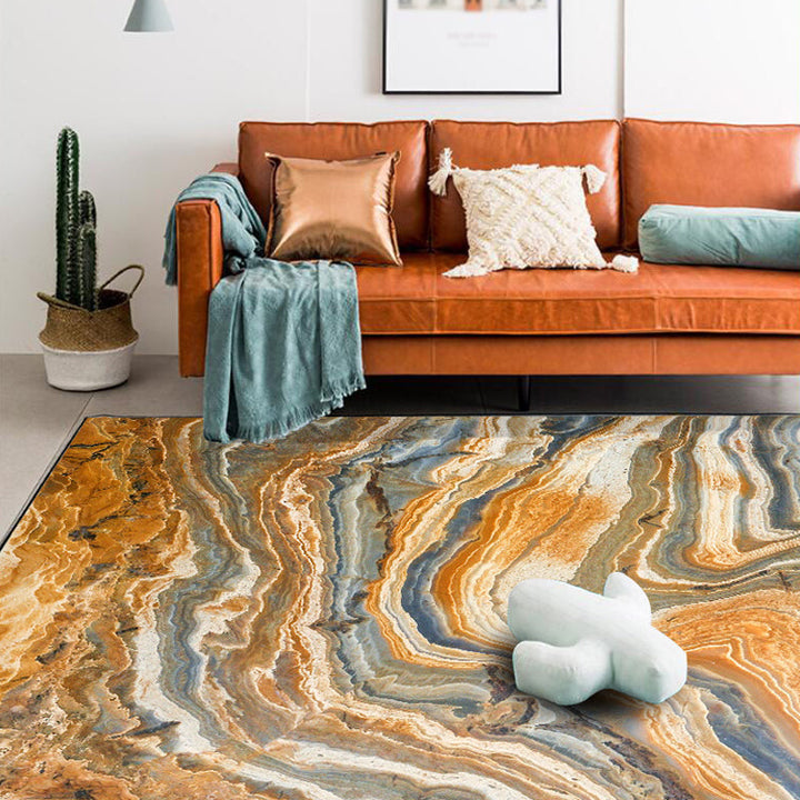 Lisslune | Brown Living Room Rug Modernism Swirl Stripes Pattern Rug Synthetic Machine Washable Non-Slip Backing Rug