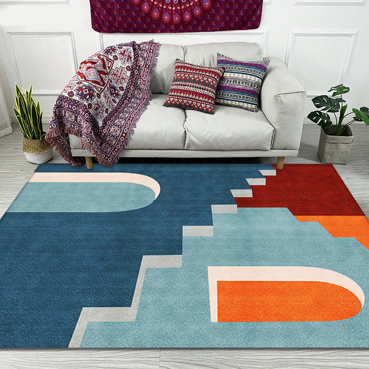Lisslune | Blue Nordic Rug Polypropylene Door Pattern Rug Pet Friendly Washable Non-Slip Rug for Bedroom