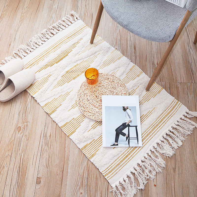 Lisslune | Yellow and gray bedroom carpet southwestern striped pattern carpet cotton non-slip backing washable area rug