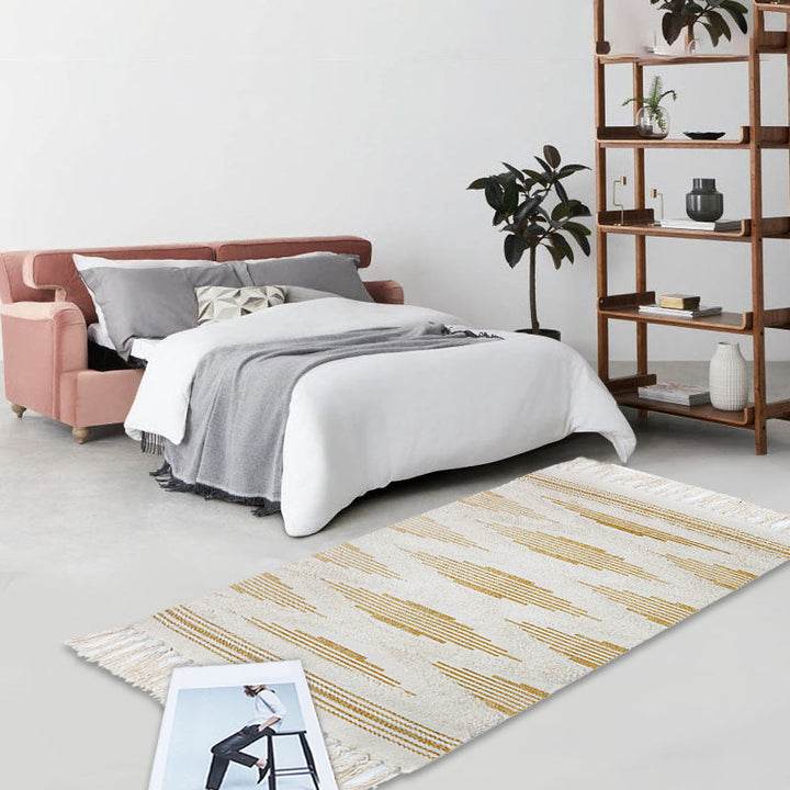 Lisslune | Yellow and gray bedroom carpet southwestern striped pattern carpet cotton non-slip backing washable area rug