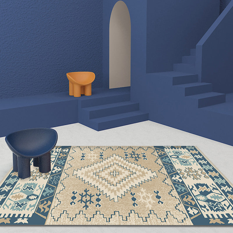 Lisslune | Brown and Blue Bohemian Rug Synthetic Tribal Diamond Pattern Rug Pet-Friendly Washable Non-Slip Rug for Decoration