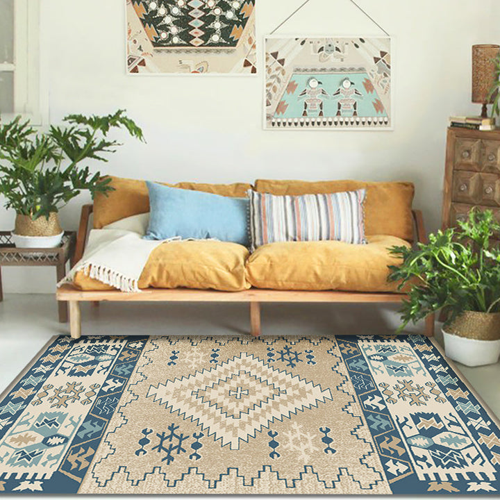 Lisslune | Brown and Blue Bohemian Rug Synthetic Tribal Diamond Pattern Rug Pet-Friendly Washable Non-Slip Rug for Decoration