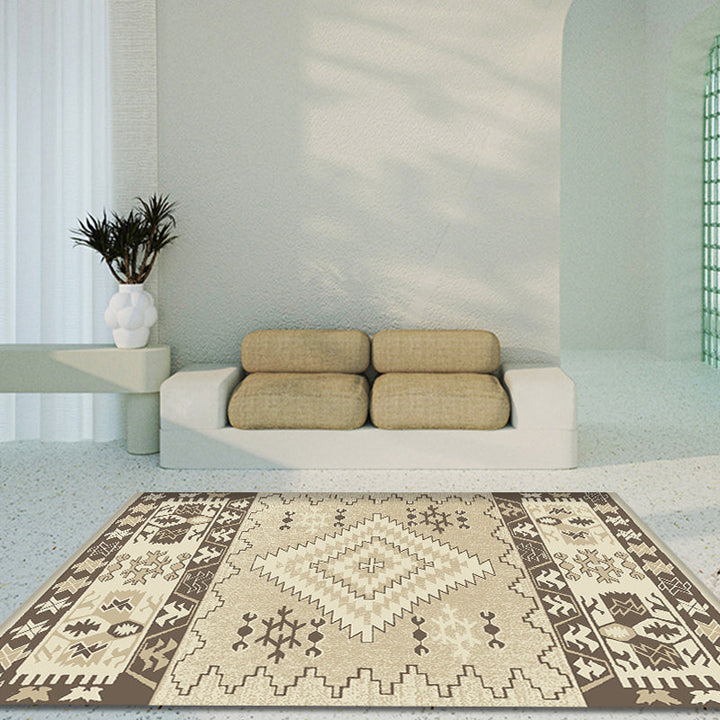 Lisslune | Brown and Blue Bohemian Rug Synthetic Tribal Diamond Pattern Rug Pet-Friendly Washable Non-Slip Rug for Decoration