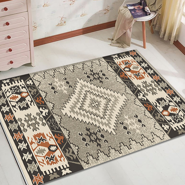Lisslune | Brown and Blue Bohemian Rug Synthetic Tribal Diamond Pattern Rug Pet-Friendly Washable Non-Slip Rug for Decoration