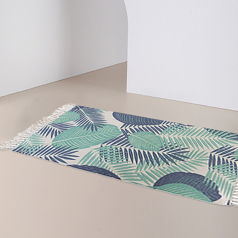 Lisslune | Tropical Leaf Pattern Carpet Green Cotton Rug Non-slip Pet Friendly Washable Area Rug for Living Room
