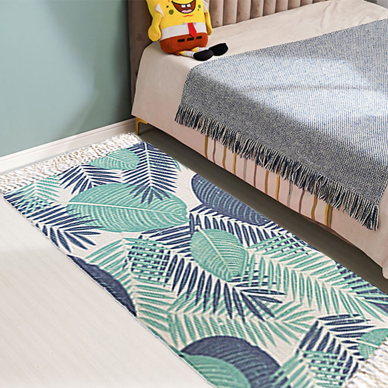 Lisslune | Tropical Leaf Pattern Carpet Green Cotton Rug Non-slip Pet Friendly Washable Area Rug for Living Room