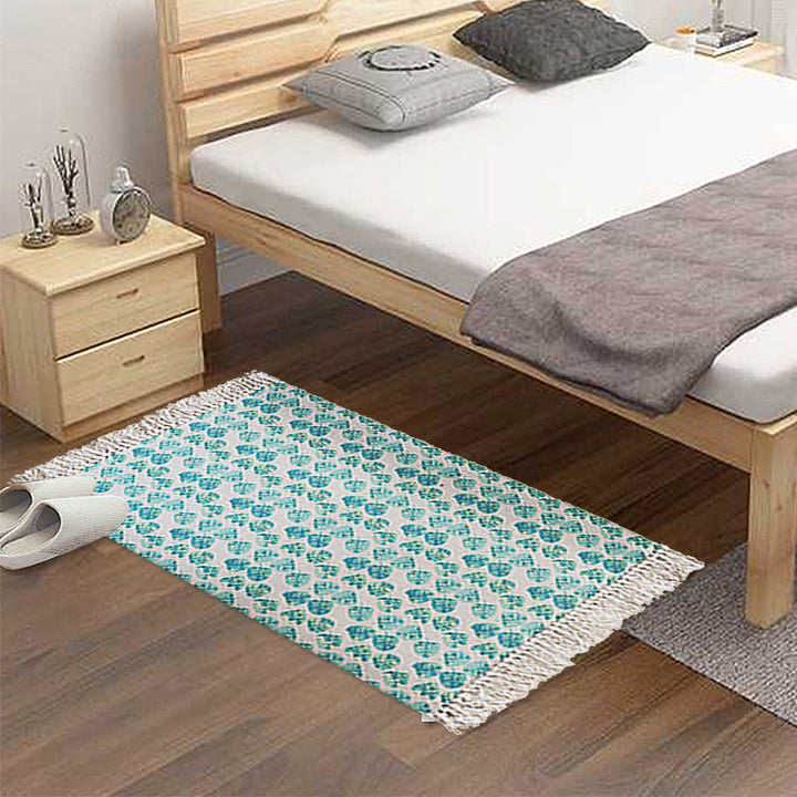 Lisslune | Tropical Leaf Pattern Carpet Green Cotton Rug Non-slip Pet Friendly Washable Area Rug for Living Room