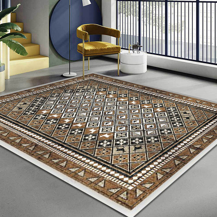 Lisslune | Moroccan Living Room Carpet Brown Tribal Geometric Pattern Carpet Polyester Washable Non-Slip Pet-Friendly Area Rug