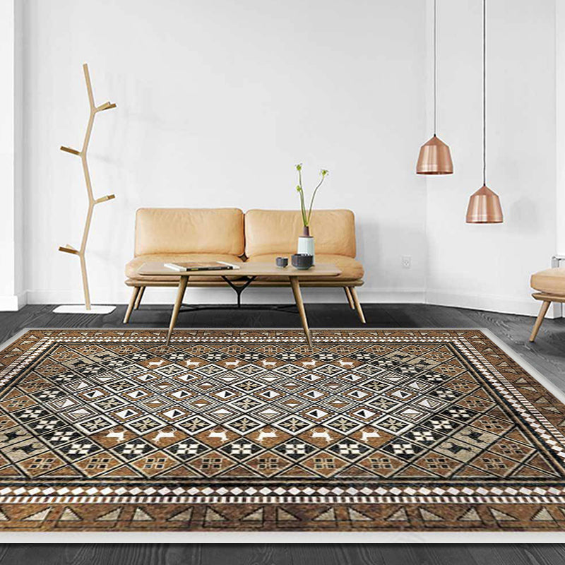 Lisslune | Moroccan Living Room Carpet Brown Tribal Geometric Pattern Carpet Polyester Washable Non-Slip Pet-Friendly Area Rug