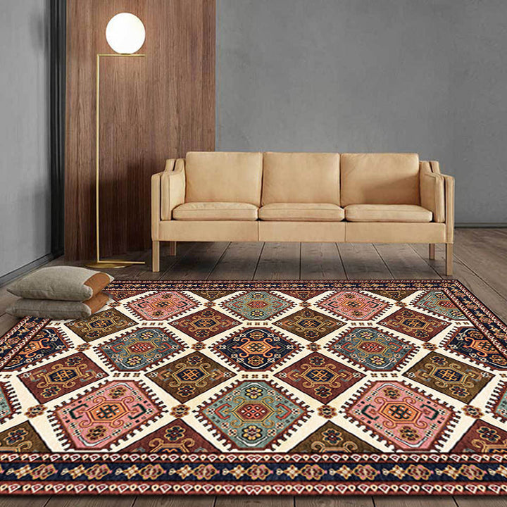 Lisslune | Moroccan Living Room Carpet Brown Tribal Geometric Pattern Carpet Polyester Washable Non-Slip Pet-Friendly Area Rug