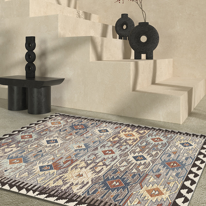 Lisslune | Gray Tribal-Diamond Pattern Rug Polypropylene Bohemian Rug Washable Non-Slip Back Rug for Living Room