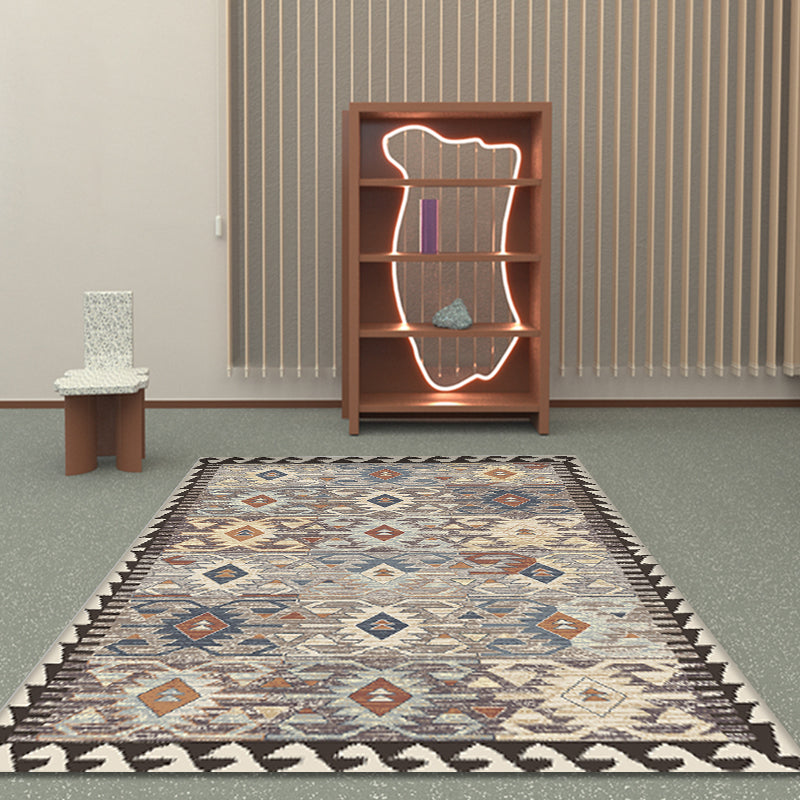 Lisslune | Gray Tribal-Diamond Pattern Rug Polypropylene Bohemian Rug Washable Non-Slip Back Rug for Living Room