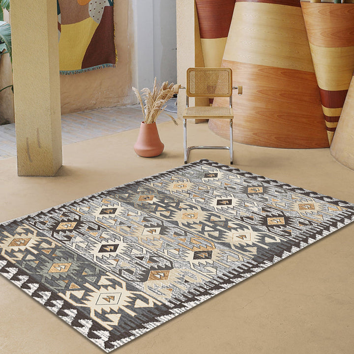 Lisslune | Gray Tribal-Diamond Pattern Rug Polypropylene Bohemian Rug Washable Non-Slip Back Rug for Living Room