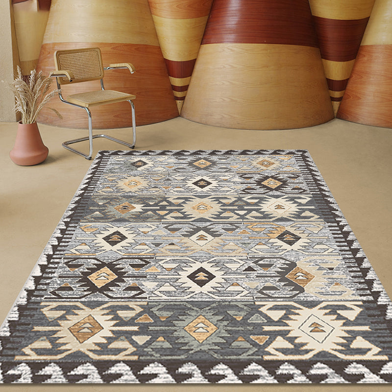 Lisslune | Gray Tribal-Diamond Pattern Rug Polypropylene Bohemian Rug Washable Non-Slip Back Rug for Living Room