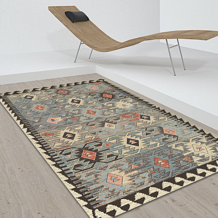 Lisslune | Gray Tribal-Diamond Pattern Rug Polypropylene Bohemian Rug Washable Non-Slip Back Rug for Living Room