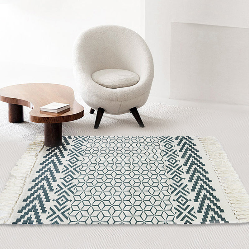 Lisslune | White and blue bedroom rug southwest tribal pattern rug cotton non-slip back washable area rug