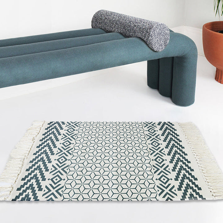Lisslune | White and blue bedroom rug southwest tribal pattern rug cotton non-slip back washable area rug