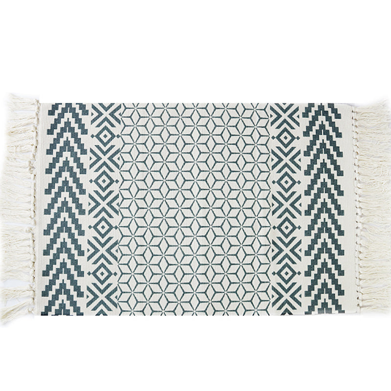 Lisslune | White and blue bedroom rug southwest tribal pattern rug cotton non-slip back washable area rug