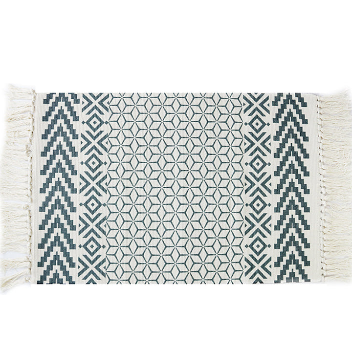 Lisslune | White and blue bedroom rug southwest tribal pattern rug cotton non-slip back washable area rug