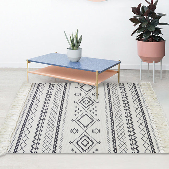 Lisslune | White and blue bedroom rug southwest tribal pattern rug cotton non-slip back washable area rug