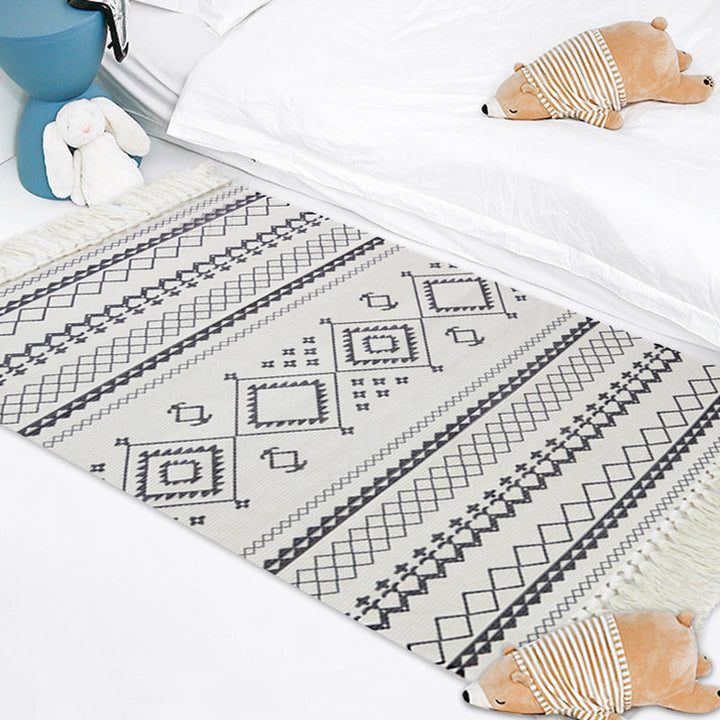 Lisslune | White and blue bedroom rug southwest tribal pattern rug cotton non-slip back washable area rug
