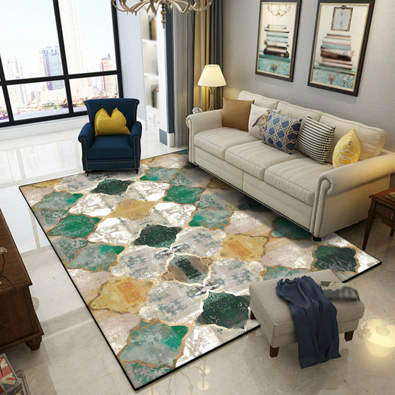 Lisslune | Green Parlor Rug Moroccan Albany Geometric Ogee Pattern Rug Polyester Machine Washable Non-Slip Rug