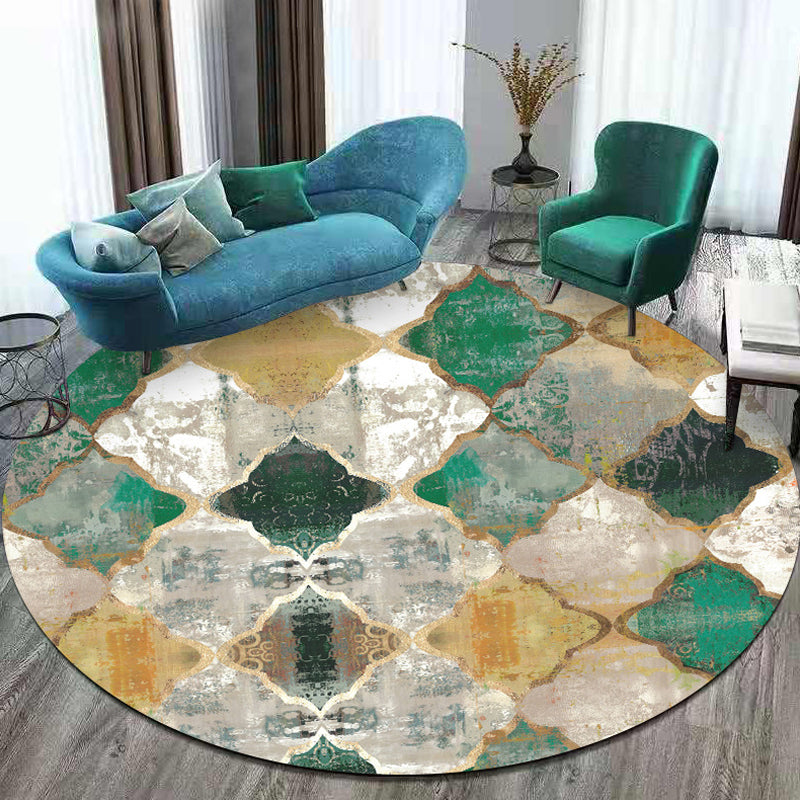 Lisslune | Moroccan geometric pattern rug green polypropylene rug non-slip pet-friendly washable rug for living room