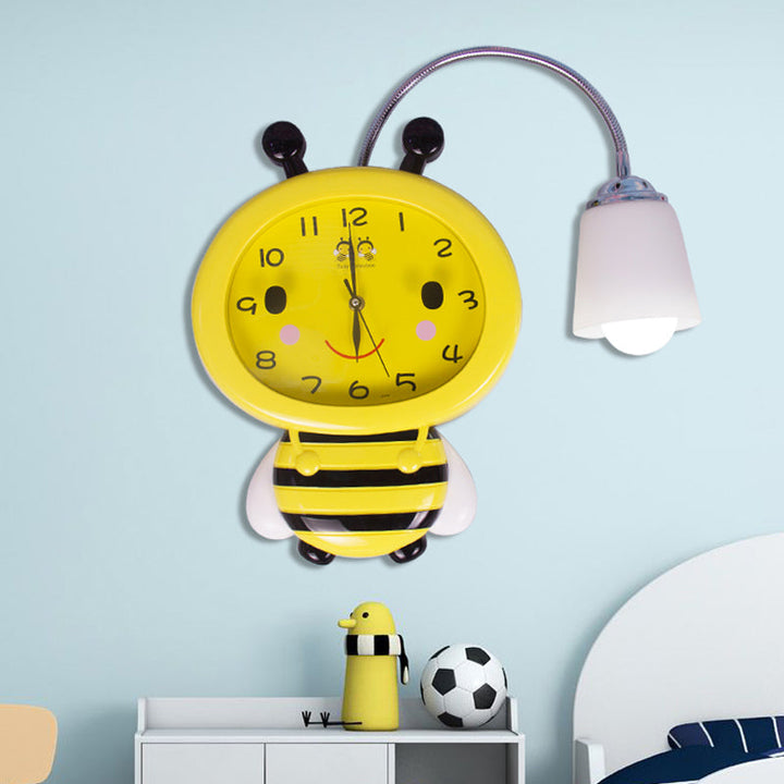 Skørter | Yellow Clock Bee Wall Lamp 1 Light Cartoon Plastic Wall Light for Boys Girls Bedroom