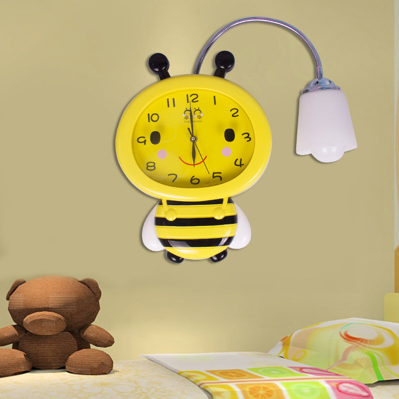 Skørter | Yellow Clock Bee Wall Lamp 1 Light Cartoon Plastic Wall Light for Boys Girls Bedroom