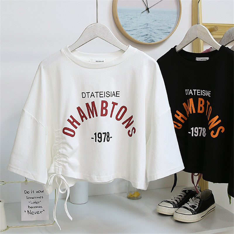 Women's cropped T-shirt with casual drawstring and creative lettering Lisslune