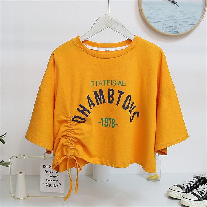 Women's cropped T-shirt with casual drawstring and creative lettering Lisslune