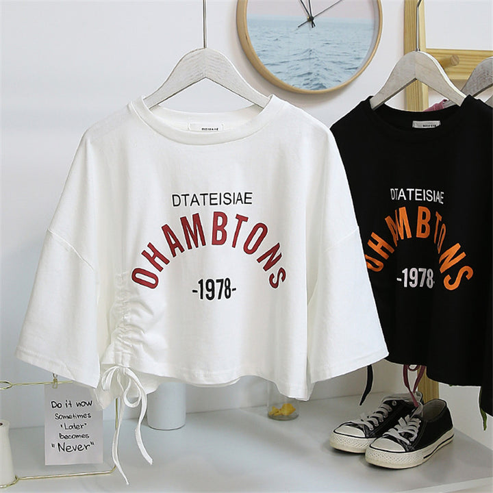 Women's cropped T-shirt with casual drawstring and creative lettering Lisslune