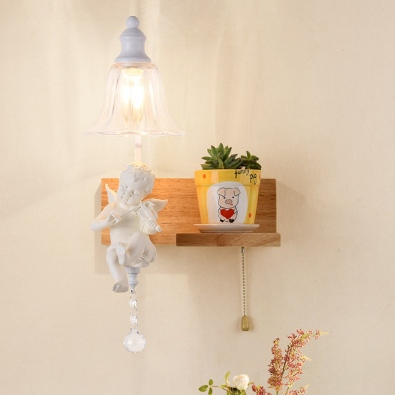 Skørter | Bedroom Study Bell Wall Lamp with Angel Wood 1 Head Creative Clear Wall Lamp