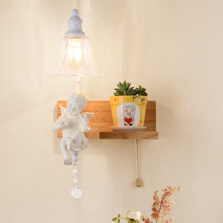 Skørter | Bedroom Study Bell Wall Lamp with Angel Wood 1 Head Creative Clear Wall Lamp