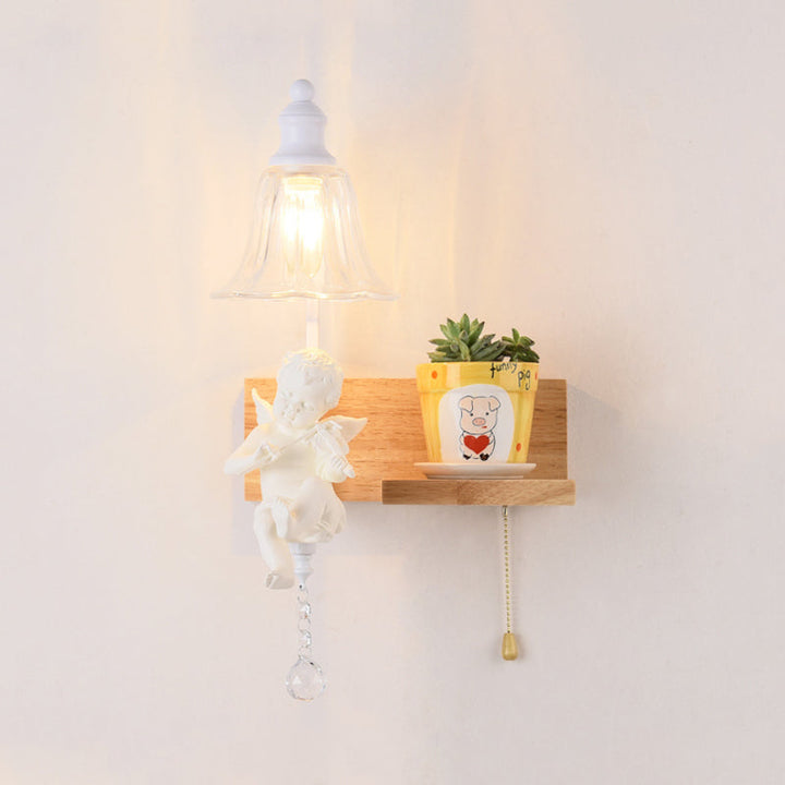 Skørter | Bedroom Study Bell Wall Lamp with Angel Wood 1 Head Creative Clear Wall Lamp