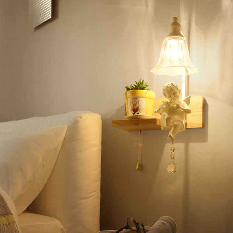 Skørter | Bedroom Study Bell Wall Lamp with Angel Wood 1 Head Creative Clear Wall Lamp